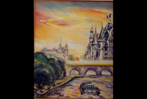 ''La Seine à Paris'' (46x38cm) Huile sur toile. Un sujet très apprécié des impressionnistes. La Seine de Lin QIU BERTALAN, Paris, aux lueurs rougeoyantes du couchant. Une oeuvre majeure qui associe la beauté de la nature et du Patrimoine urbain.