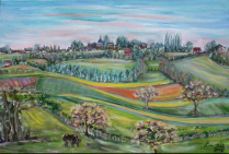''Beauvoir en Lyons'' (55x38cm) Huile sur toile. Paysage aux douces courbes colorées de Lin QIU BERTALAN. Un œuvre d'art panoramique qui réunit ville et campagne. Émotion, équilibre, paisible beauté, se fondent en grammaire aérienne. 