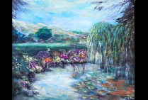 ''Les Jardins de Giverny'', acrylique sur toile,40x60cm, Christiane GILBERT rend ici un hommage à Claude MONET, et maintient dans notre siècle ce lien pictural avec lui. Souvenir présent d'un havre de beauté et de Paix hors du temps. 