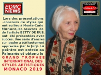 Betty DE RUS, peintre. Lauréate du Palmarès. Grand Trophée International des Styles Artistiques - Monaco 2019