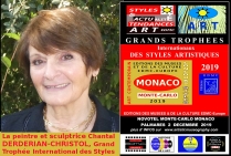 Chantal DERDERIAN-CHRISTOL, peintre,sculptrice. Lauréate du Palmarès. Grand Trophée International des Styles Artistiques - Monaco 2019